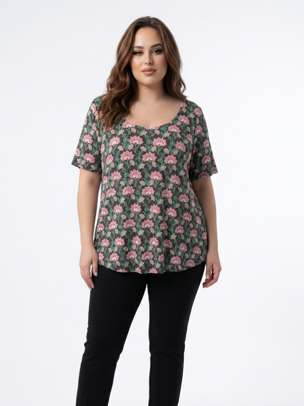 Rose & Olive Black Floral Scoop Neck Tee with Pink & Green Print 2X